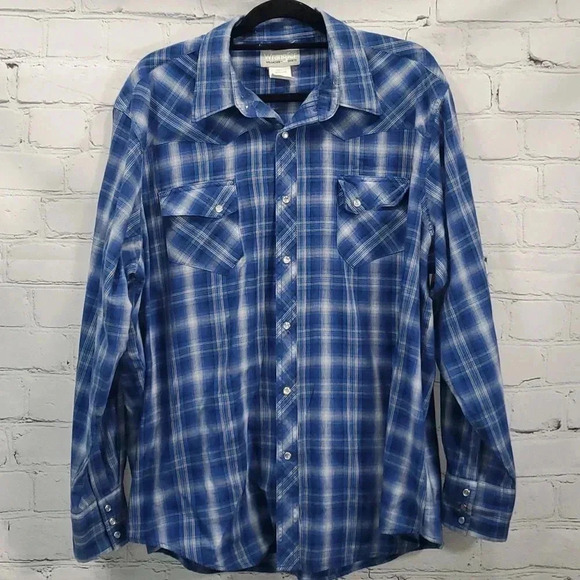 Wrangler Other - Wrangler Wrancher Pearl Snap Large Blue Plaid Shirt Western Cowboy Cotton Blend